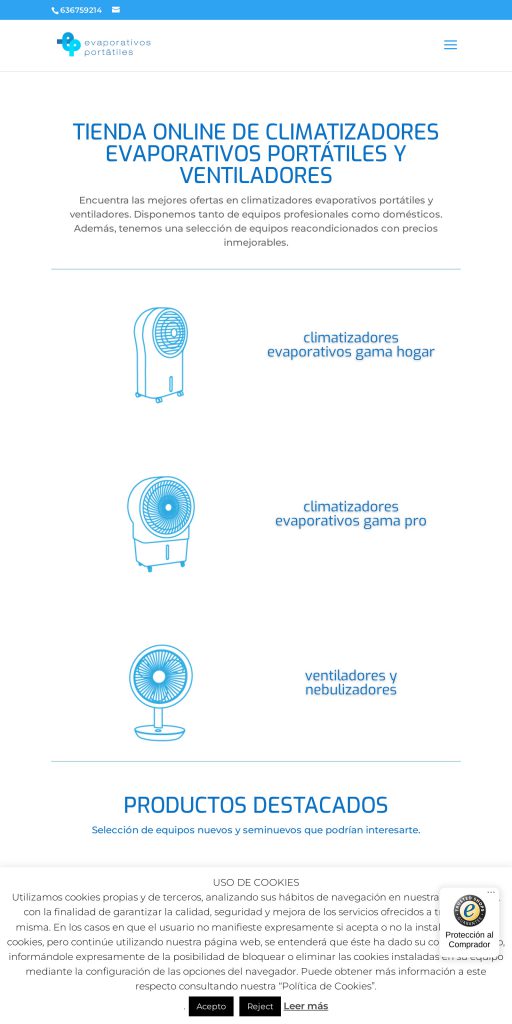 Captura de la portada de evaporativosportatiles.com