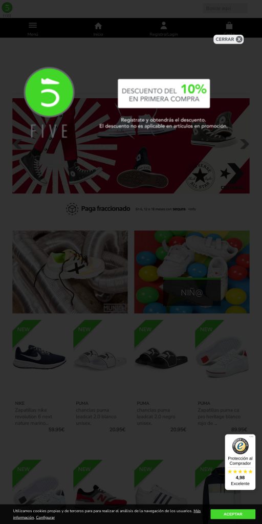 Captura de la portada de fivesneakershop.com