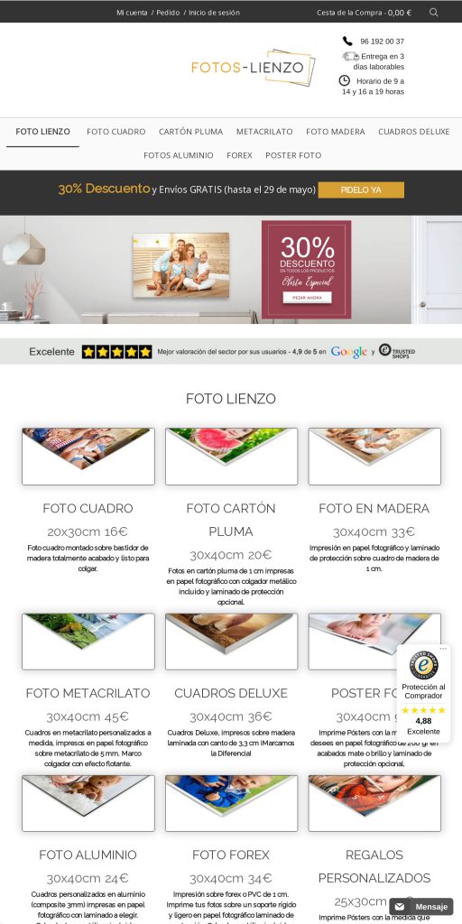 Captura de la portada de fotos-lienzo.es