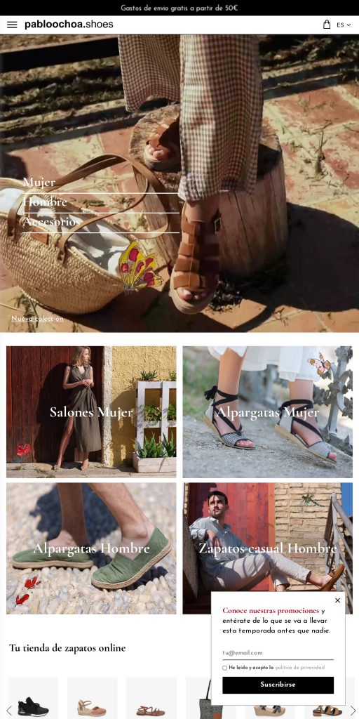 Captura de la portada de pabloochoashoes.com
