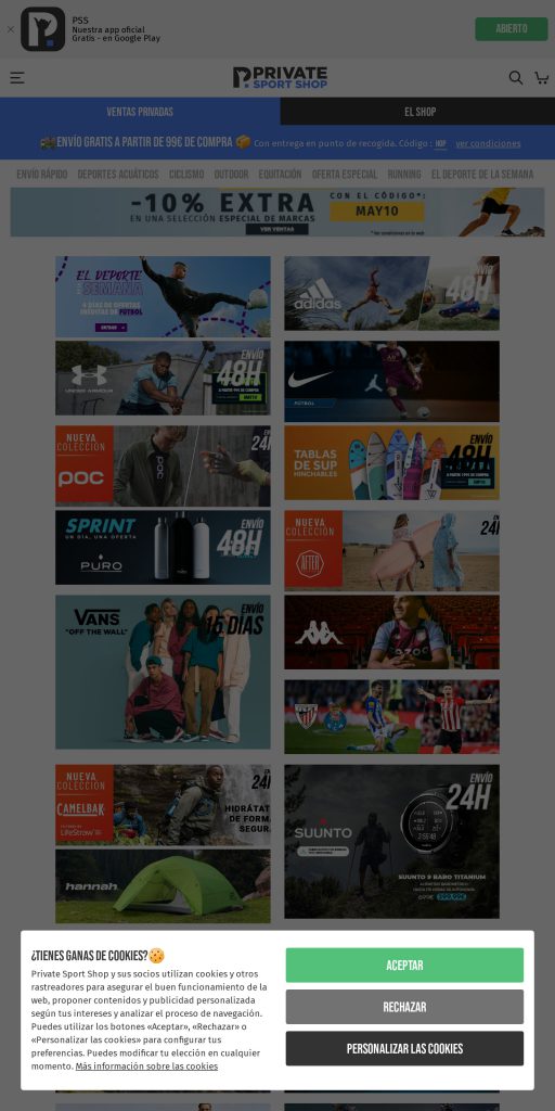 Captura de la portada de privatesportshop.es