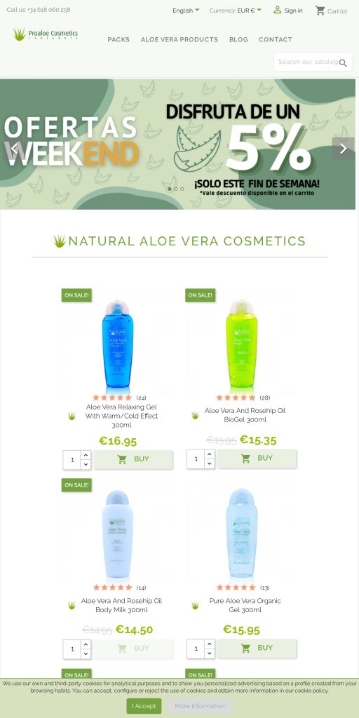 Captura de la portada de proaloecosmetics.com