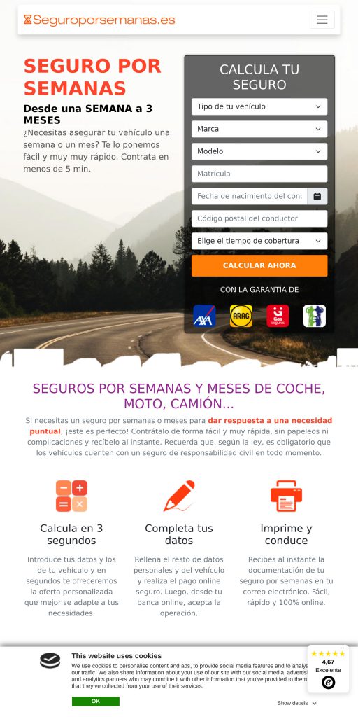 Captura de la portada de seguroporsemanas.es