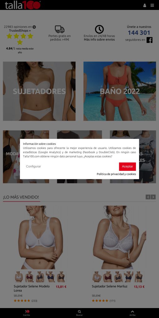 Captura de la portada de talla100.com
