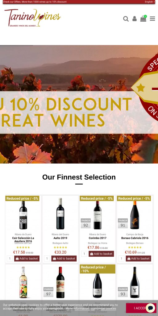 Captura de la portada de taninowines.com
