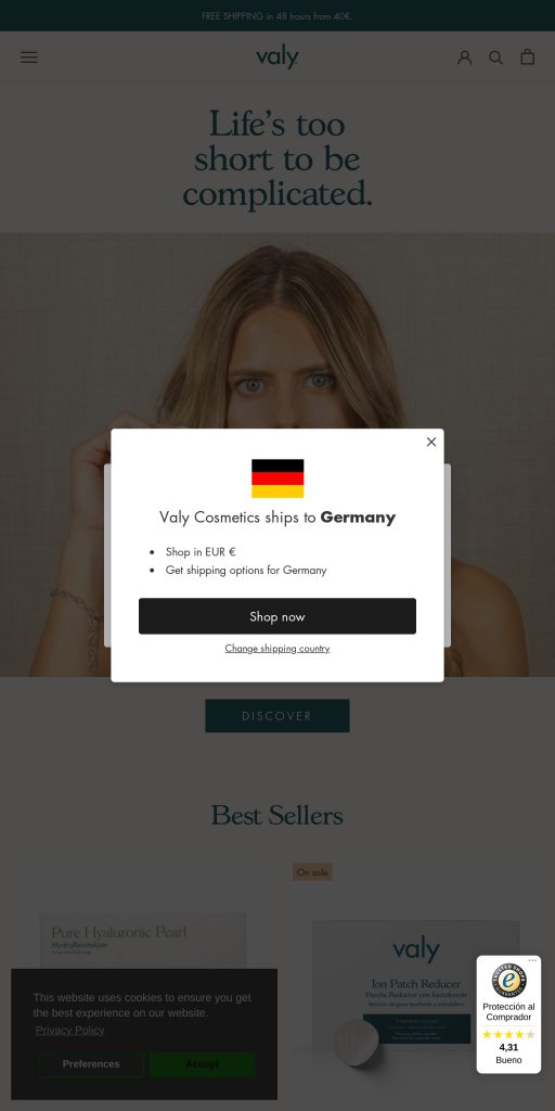 Captura de la portada de valycosmetics.com