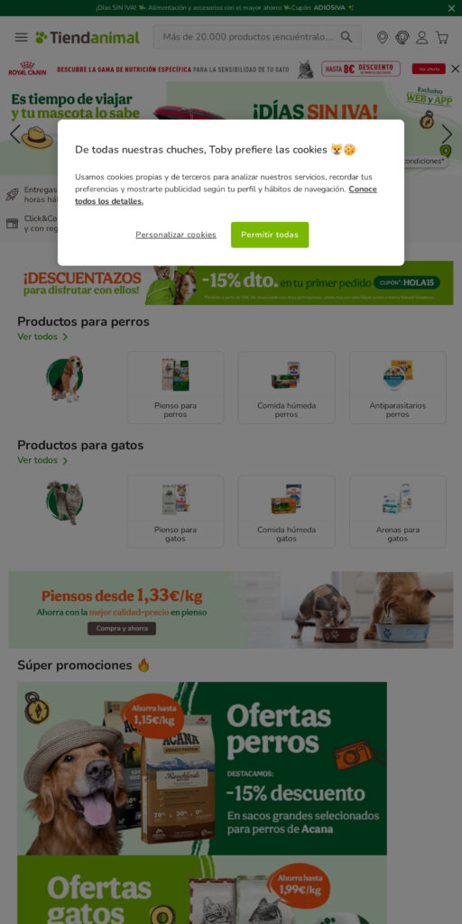 Captura de la portada de tiendanimal.es